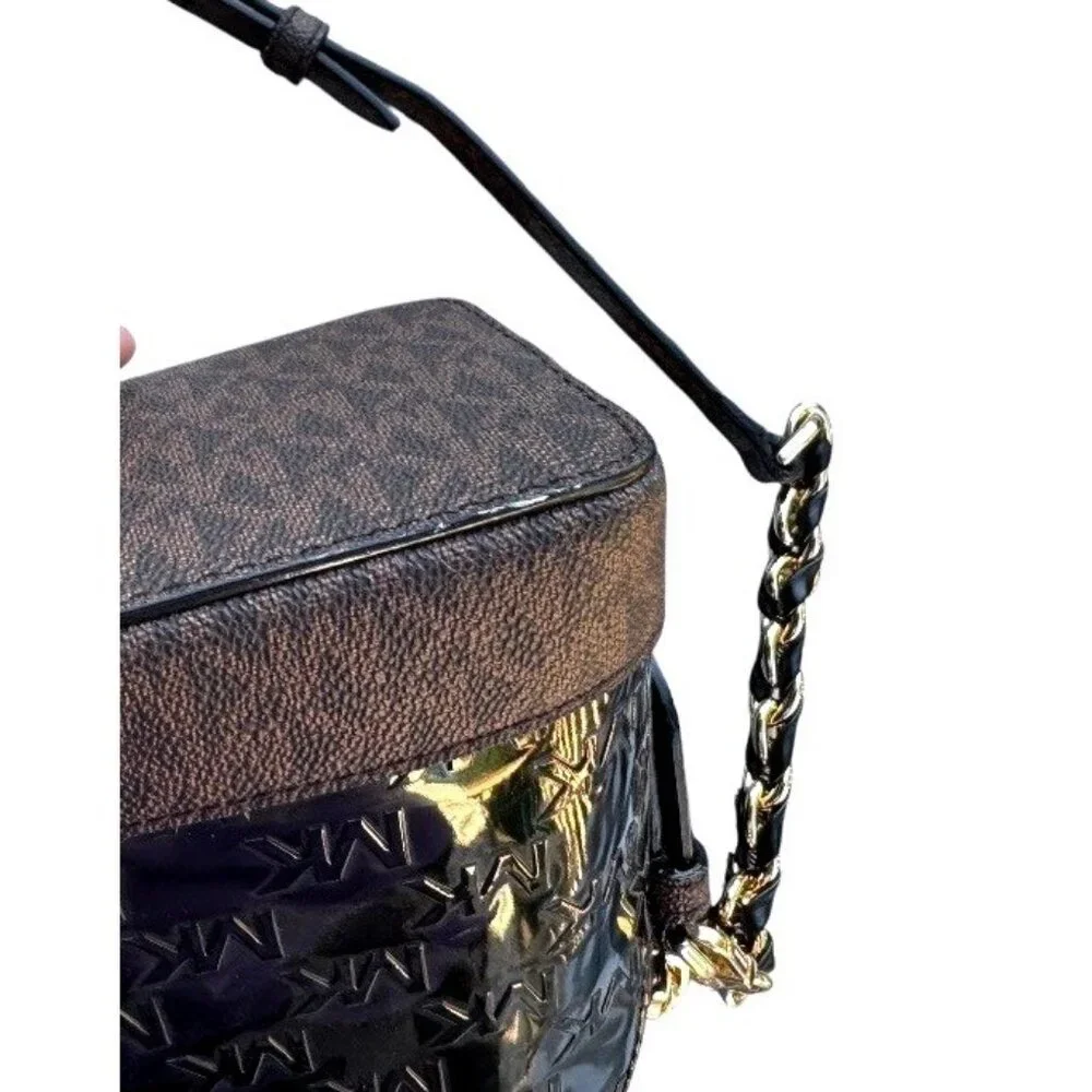 Michael Kors Dome Crossbody Bag Bl‎ Patent Leather Brown Monogram Gold Hardware